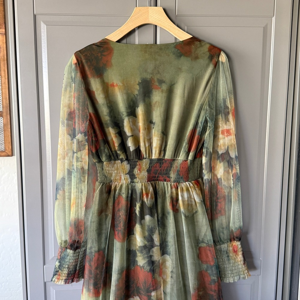 Baltic Born Layla Tulle Maxi Dress Women M Olive Rust NWT Floral Smocked V-Neck - Picture 5 of 15
